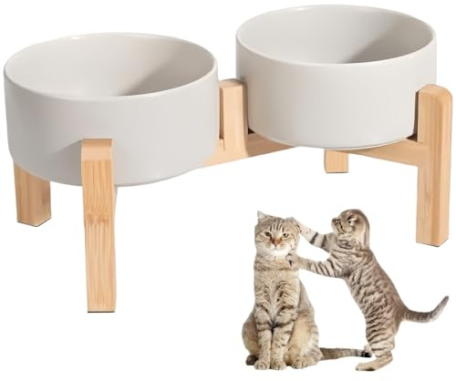 Elevated Double Ceramic Dog & Cat Bowls 400ML Raised Dog Feeder Bowl Small Pets Stylish Feeding Bowls with Elevated Wooden Stand, for Cats and Small Dogs Eating Food & Drinking Water Anti Vomit Grey