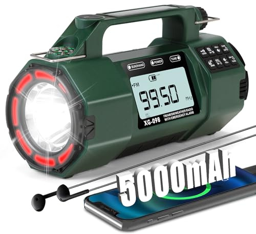 Radio meteorológica de emergencia, batería reemplazable 5000mAh, radio solar de manivela con alerta AM/FM/SW/NOAA, reloj despertador, temporizador, brújula, cargador de teléfono móvil, conector para