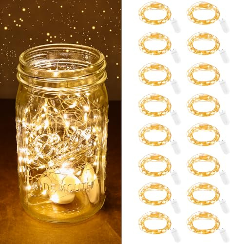 AOOTE LED Mini Lichterkette mit Batterie, 16 Stück 2m 20 LED Batterie Knopfzelle Partybeleuchtung, Lichterketten aus Kupferdraht Warmweiß für Party Hochzeiten Innen und Außen Weihnachtsdeko