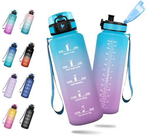 Trinkflasche 1,5L, Wasserflasche Sport mit Filte, Einhandöffnung, Auslaufsicher, Trinkflasche Kohlensäure Geeignet, Motivierende Wasserflasche mit Zeitmarkierung, Perfekt für Camping, Reisen, Gym
