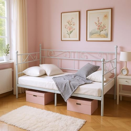 Songvas Schlafsofa 90x190cm, Bettgestell mit Lattenrost, Tagesbett, Gästebett, Metallbettgestell, Bettsofa, Einzelbett, geeignet für Schlafzimmer, Wohnzimmer, Weiß