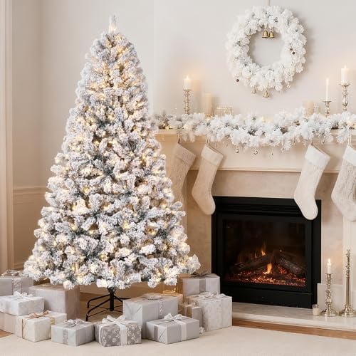 9FT PreLi Christmas Tree, Snow Flocked Artificial Xmas Tree with 2096 Branch Tips & Foldable Metal Stand, Holiday Party Decorations for Home Office, Easy Assembly