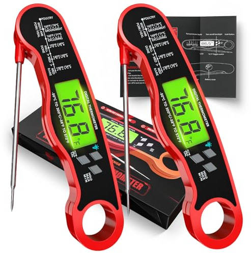 AWLKIM Digital Meat Thermometer 2 Pack Instant Read for BBQ | Waterproof IP67 Backlit Digital Food Probe, 2-3 Sec Instant Read for Grill BBQ Oven Candy Baking - 2 Pack Red