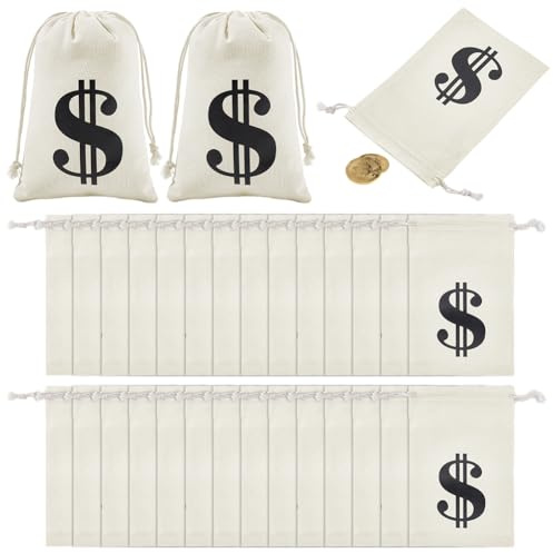 FINGERINSPIRE 30 PCS Dollar Sign Money Bags 11.2x16.3cm Drawstring Pouches Cloth Gift Bags with Stylish Black Dollar Design Vintage White Small Storage Bags for Party Favors Jewelry Organizer
