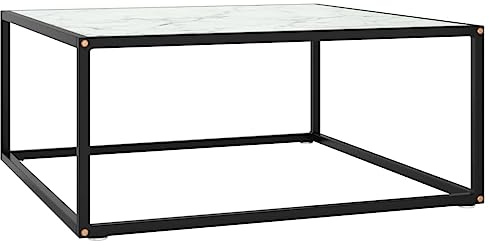 Kaloriko Table basse noire avec verre blanc aspect marbre 80 x 80 x 35 cm, table de salon moderne en verre trempé, table d'appoint carrée