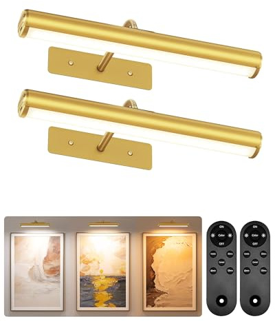 EZVALO Bilderleuchte Kabellos LED Bildbeleuchtung Akku 4000mAh | 33cm Wandlampe mit Fernbedienung, Dimmbar & 3 Farbtemperaturen, Bildleuchten für Bilder, Bilderrahmen- Gold