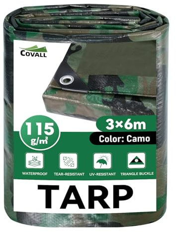 COVALL 3m x 6m Camouflage Tarpaulin Waterproof Heavy Duty, Ground Sheet | 115GSM UV & Tear Resistant Camo Tarp Cover, Reinforced Eyelets & Corners, Weatherproof, Multi-Purpose for Outdoor