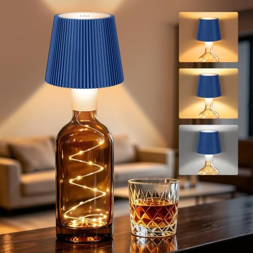 ICARE Lámpara para Botella LED Inalámbrica Recargable USB-C con Guirnalda | Regulación Táctil Continua, 3 Temperaturas de Color, IP54, para Balcón, Terraza, Restaurante, Dormitorio, Bar, Camping, Azul