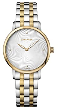 WENGER Damen Armbanduhr Urban Donnissima Ø 35 mm, Swiss Made, Analog Quarz, Wasserdicht bis 100 m, Edelstahl-Armband, Silberweiß/Gold, 01.1721.104