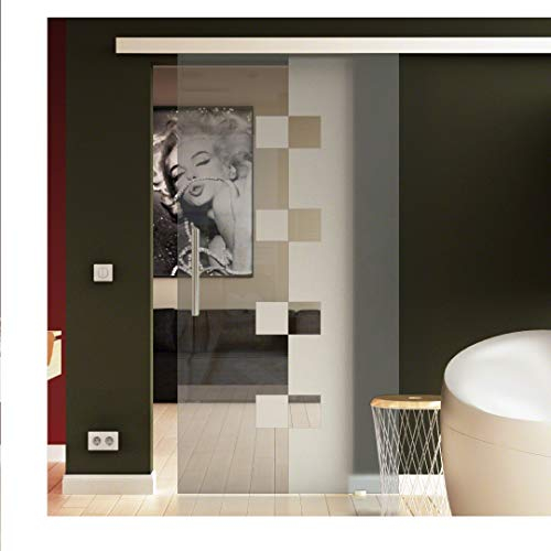 Levidor ® EasySlide SoftClose Glasschiebetür 1025x2050mm - Schiebetür 8mm ESG Sicherheitsglas - Zimmertür Komplettset mit Beschlag Griffe & Glastür (Softclose + Würfel-Dessign satiniert + Griffstange)