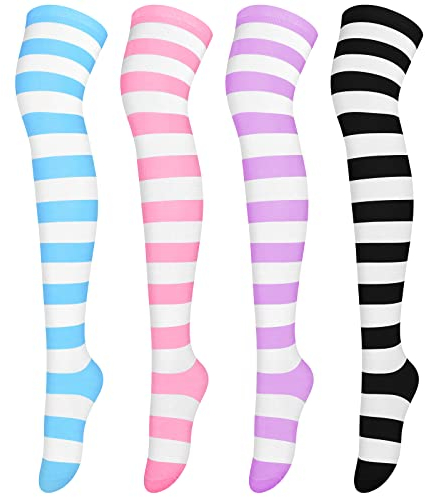 ANECO 4 Pairs Over Knee High Stripe Socks Stripe Thigh High Socks Cosplay Accessories for Woman Girls