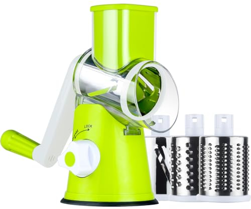 Ourokhome Rotary Cheese Grater Slicer- Vegetable Mandoline Slicer with 3 Interchangeable Ultra Sharp Cylinders Stainless Steel Blades(Green)
