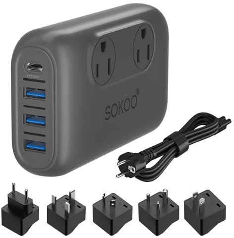 Sokoo Voltage Converter Step Down 220V to 110V, International Travel Adapter/Power Converter Use for EU/UK/AU/US/India, More Than 150 Countries. 2 Outlet, 4 Port USB Quick Charger 3.0 Grey