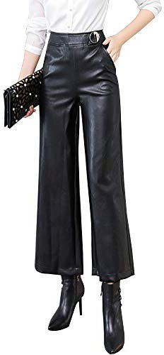 ShiFan Donna Tinta Unita Vita Alta Finta Pelle Casuali Pantaloni Larghi Cerniera Laterale Nero L
