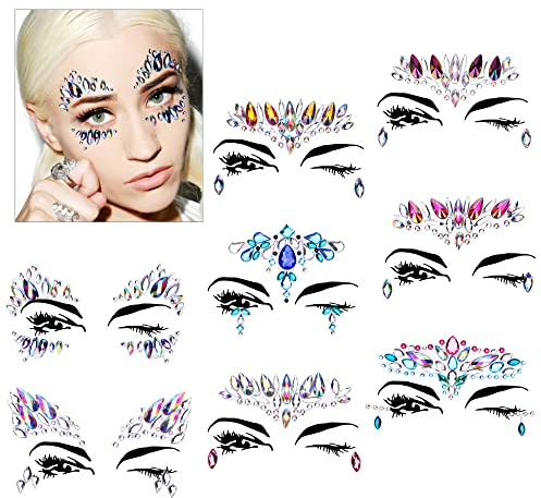 HOWAF 8 Stücke Strasssteine Gesicht, Glitzersteine Gesicht Strasssteine Selbstklebend Gesicht, Gesicht Edelsteine Festival Gesichtstattoo Glitzer für Karneval Schminke, Fasching Parties, Make-up