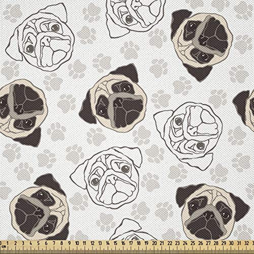 ABAKUHAUS Hundeliebhaber Stoff als Meterware, Mops Porträts Spuren, Seidiger Satin Stoff für Polster Heimtextilien, 1M (148x100cm), Beige Braun Tan