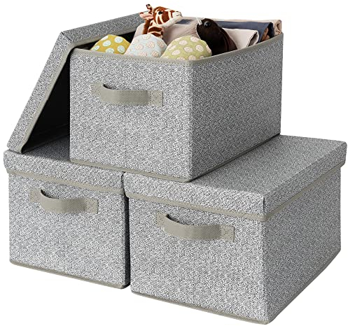 GRANNY SAYS Fabric Storage Boxes with Lids, Pack of 3 Grey Storage Box with Lid, Wardrobe Storage Organiser, Storage Baskets for Shelves, Foldable Storage Box for Bedroom Organising Clothes Toys