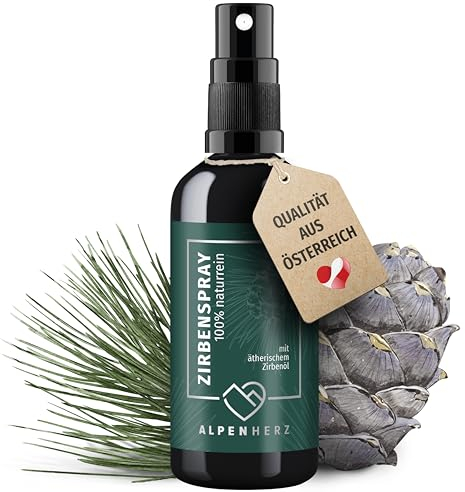 ALPEN HERZ Zirbenspray - 100 ml naturrein mit ätherischem Zirbenöl - Bett Duftspray für einen schönen Kissenduft - Spray für Auto, Kopfkissen, Bettspray, Raumduft oder auch Raumspray