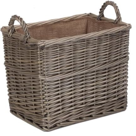 Red Hamper Medium Rectangular Hessian Lined Wicker Log Storage Basket, Rattan