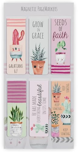 Set of 6 Beloved Scripture Favorites w/Cactus & Cheerful Flower Pots Inspirational Magnetic Bible Verse Bookmark with Scripture,Regular 2.3 x .75