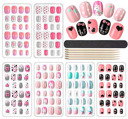 144 Pièces Faux Ongles pour Enfants, FITDON Appuyez sur Pré-collé Faux Ongles Artificiels Tips d'Ongle avec couverture complète pour Filles et Femmes