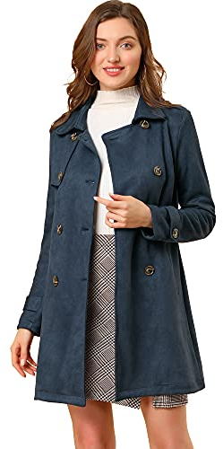 Allegra K Damen-Trenchcoat mit Gürtel, doppelreihig, Wildlederimitat, mit Gürtel, dunkelblau, M
