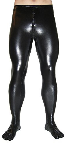 Rubberfashion glänzende Leggings Wetlook - Glanz Leggins mit Schritt Reißverschluss und Zehen für Damen und Herren Schwarz Metallic M