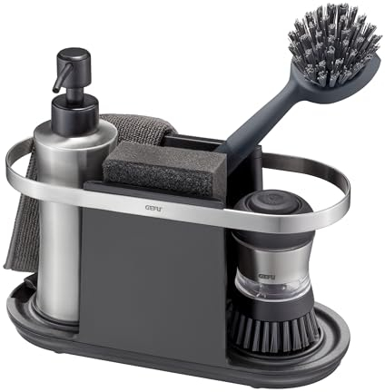 GEFU SMARTLINE Küchen Organizer aus Edelstahl - Spülbecken-Ordnungssystem mit Abtropfschale & Belüftung - Spülutensilien Halter 24x10x13cm für Schwamm, Bürste & Tuch