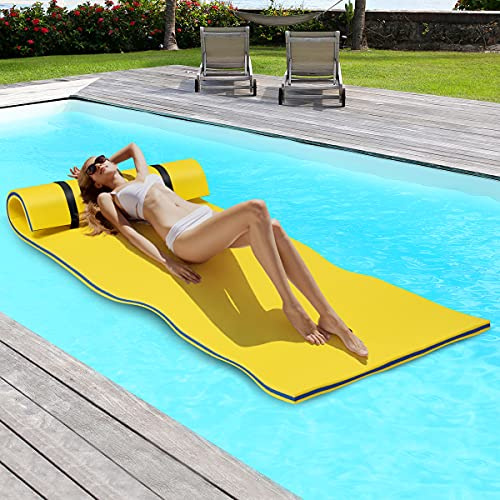 GYMAX Schwimmende Wassermatte 220 x 90 cm, Wasser Hängematte aus XPE-Schaum, aufrollbare Schwimmmatte mit Kopfkissen Design, bis 100 kg belastbar, für Schwimmbecken, Strand, See