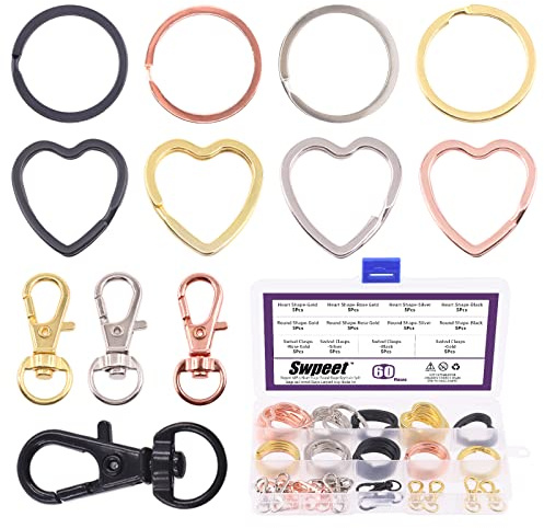 Swpeet 60Pcs Runde und Herzform 4 Farben Schlüssel Ringe O-Ringe mit Metall Swivel Lobster Claw Verschluss Schlüsselanhänger Assortment Kit, Flache Schlüsselanhänger Ringe Metall Split Key Ringe Jump