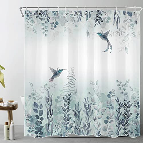 LB Grün Pflanzen Duschvorhang 180x180cm Aquarell Vogel und Blatt Antischimmel Wasserdicht Badezimmer Vorhänge, Natur Landschaft Polyester Stoff Bad Vorhang mit Haken