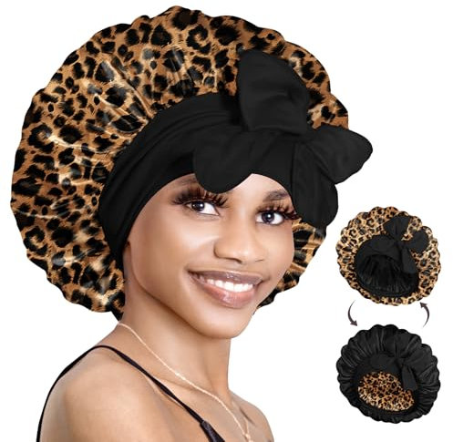 BONNET QUEEN Seidenhaube zum Schlafen mit Haarschutz für Nacht, Doppelseitige Schlafhaube Seide für Lange Haare & Locken, Verstellbare Satin Haarhaube für Damen mit Bindeband, Leopard