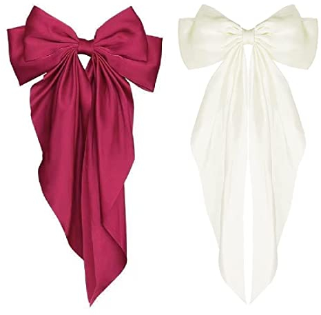 2 Pièces Arcs à Cheveux Grand Pinces à Cheveux,Epingle à Cheveux Noeud Papillon avec Queue en Satin Soyeux Barrettes,pour Filles Femmes Barrettes à Cheveux en Ruban,Vin rouge,Blanc cassé