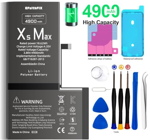 Batterie pour iPhone XS Max 4900mAh Batterie de Remplacement Haute capacité 0 Cycle avec Kits d'outils de réparation Professionnels et adhésif pour modèle A2104, A2104, A1921, A2102 (pour XS Max)