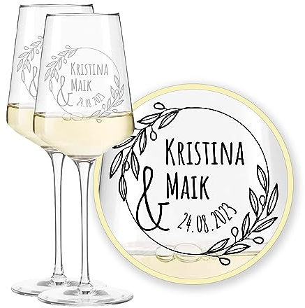 LEONARDO Puccini Hochzeitsglas mit Gravur, personalisiertes Weißweinglas 560 ml, Namensgravur Wunschname Wunschtext Datum, Hochzeitsgeschenk für Brautpaar Ehepaar, Jahrestag Jubiläum