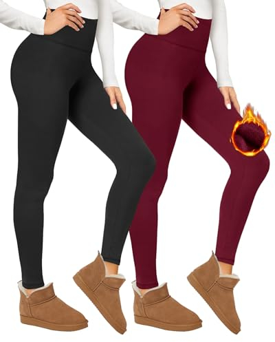 CAMPSNAIL 2er Pack Thermo Leggings Damen Im Winter, Gefüttert High Waist Thermohose Dicke Warm Fleece Leggins Blickdicht Für Sport(Schwarz/Weinrotu,S-M)