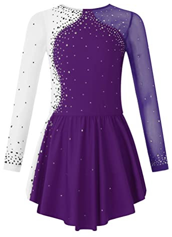 Aislor Tanzkleid Mädchen Pailletten Eiskunstlauf Kleid Kinder Langarm Ballettkleid Tanztrikot mit Rock Kleider Gymnastikanzug Wettbewerb Tanz Kostüme W Violett 146-152