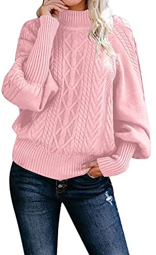Pull en Laine Femme Col Roulé Automne Hiver Pull Chaud Jacquard Tricot Décontracté Pullover Manches Longues Bouffantes Chic Haut en Cachemire Sweater Vintage Ample Chandail Femme Colour Unie