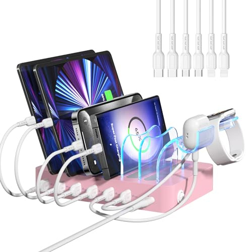 SooPii Ladestation für mehrere Geräte, 50W 6-Port Multi-USB-Ladestation mit 2-in-1 i-Watch-Ladehalterung und 6 Ladekabeln, entworfen für iPad, Mobiltelefone, Tablets und andere (Rosa)