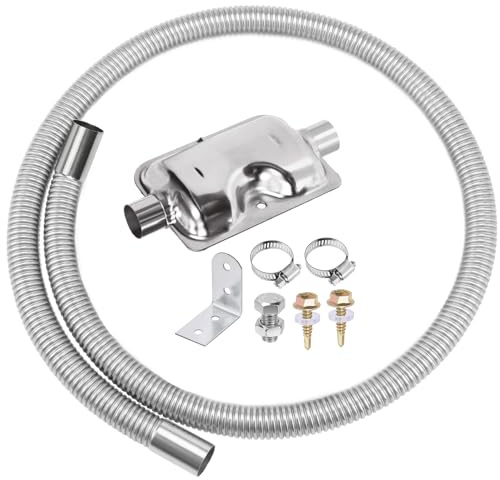 Swpeet 8Pcs 1 x 47- 25mm x 120cm Stainless Steel Diesel Heater Exhaust Pipe and Exhaust Silencer Muffler with 18mm-29mm Hose Clamps Kit, Fuel Tank Diesel Gas Vent Hose Exhaust Tubing for Car Vehicle