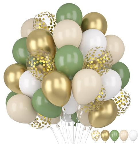 60 Stück Luftballons Grün Gold, Luftballons Salbeigrün Weiß, Luftballons Eukalyptus Grün, Luftballons Geburtstag Grün Weiß Gold Konfetti Latex Ballons für Geburtstag, Hochzeit, Babyparty Dekoration