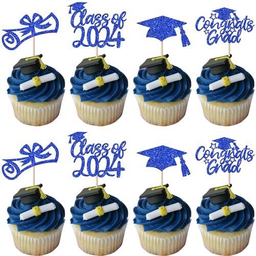 24 Stück Class of 2024 Tortendeko Glitzer Abschluss Cupcake Toppers 2024 Diploma Grad Cap Kuchen Deko für Schule 2024 Absolvent Thema Party Kuchen Dekoration Blau