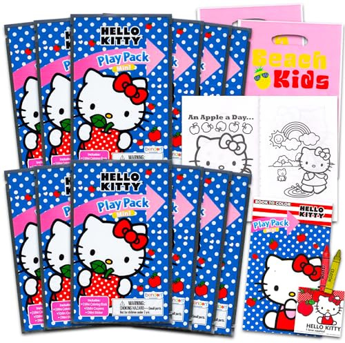 Hello Kitty - Set da 12 mini bomboniere per feste, confezione con 12 confezioni Hello Kitty Play | Mini libri da colorare, adesivi e sacchetti per dolcetti (decorazioni per feste di compleanno Hello