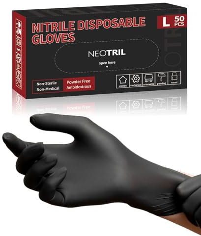 NEOTRIL 4 mm schwarze Nitril-Einweghandschuhe mit strukturiertem Griff, latexfrei und puderfrei, chemikalienbeständige Gummihandschuhe für Haushaltsreinigung, Küche, Kochen, 50 Stück, Größe/L