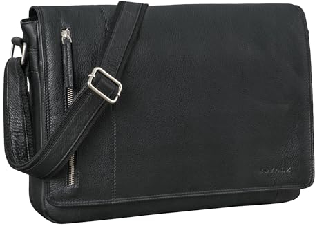 ROYALZ Leder Umhängetasche 'New Jersey' Premium Büffel-Leder - Ledertasche Laptop Fach 13 bis 15.6 Zoll groß ideal als Aktentasche Freizeittasche Echtleder Damen & Herren, Farbe:Schwarz