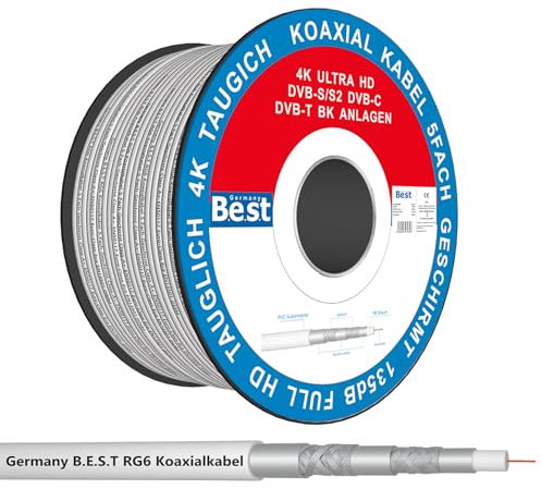 Germany B.e.s.t Cable coaxial de 100 m SAT, 4K Ultra HD, clase A+, DVB-S/S2 DVB-C DVB-T BK, apantallamiento de 5 vías, 135 dB