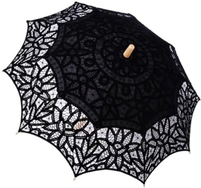 LOVIVER Lace Parasol Handcraft Decorative Stick Umbrella for Stage Performance Tea Party, Black