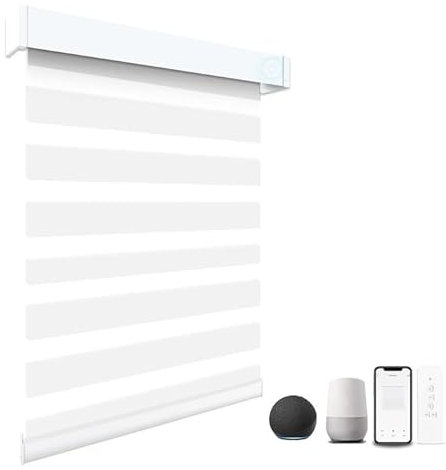Motorized Blinds with Remote, 95% Blackout Smart Electric Zebra Shades, Built-in Rechargeable Tubular Motor Automatic Blinds for Window Compatible with Alexa Google (Luxurious White, 21 W x 72 H)