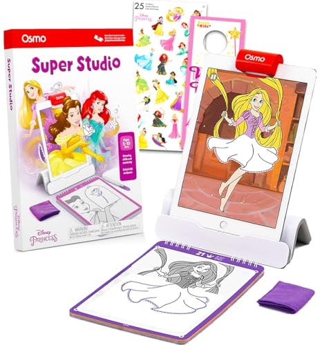 Osmo Super-Studio Disney Prinzessinnen-Zeichenset – Bündel mit Osmo-Basis, Disney Prinzessinnen-Lernbuch, Malvorlagen, Aufkleber, mehr | Osmo iPad-Zeichenbrett für Mädchen