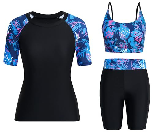 Owntop Damen 3-teiliger Rash Guard | UPF50+ UV Shirt | Kurzarm Rashguard-Shirts & Bikini Top & Hochtaillierte Boyshorts | Schnelltrocknend Badebekleidung Badeanzüge | Schwimmen Surfen